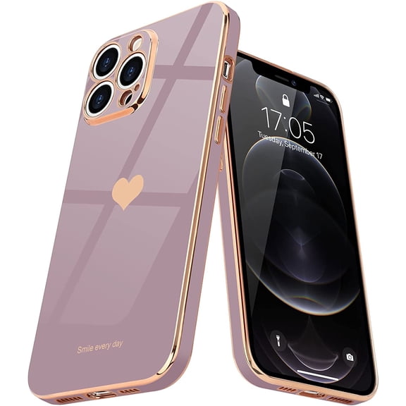 iPhone 12 Pro Case for Girl Women Cute Love-Heart Luxury Bling Plating Soft Back Cover Raised Full Camera Protection Bumper Silicone Shockproof Phone Case for iPhone 12 Pro, Lavender