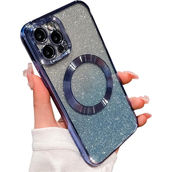 for iPhone 12 Pro Case Glitter Magnetic Compatible with MagSafe Full Camera Lens Protection Luxury Plating Cute Bling Clear Shockproof Slim Phone Case for Women Girls (Blue)