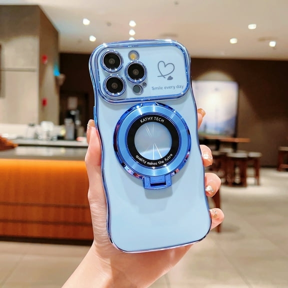 for iPhone 12 Pro Case with Magnetic Stand, [Compatible with MagSafe] Luxury Plating Kickstand Shockproof Soft TPU Full Camera Lens Protection Phone Case with Heart Pattern - Blue