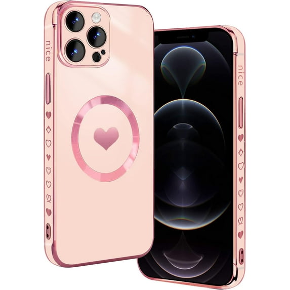 for iPhone 12 Pro Case Magnetic Version Compatible with MagSafe with Full Camera Lens Protection Reinforced Corners Cute Love Heart Soft TPU Electroplate Edge Bumper Cute Cover for Women, Pink