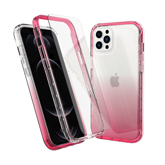 iPhone 12 Pro Case, Takfox Anti-Scratch Shockproof 2-in-1 Hybrid Impact Gradient Transparent Back TPU Cover w/ [2 Pack] Tempered Glass Screen Protector Bumper Clear Phone Cases for iPhone 12,Red
