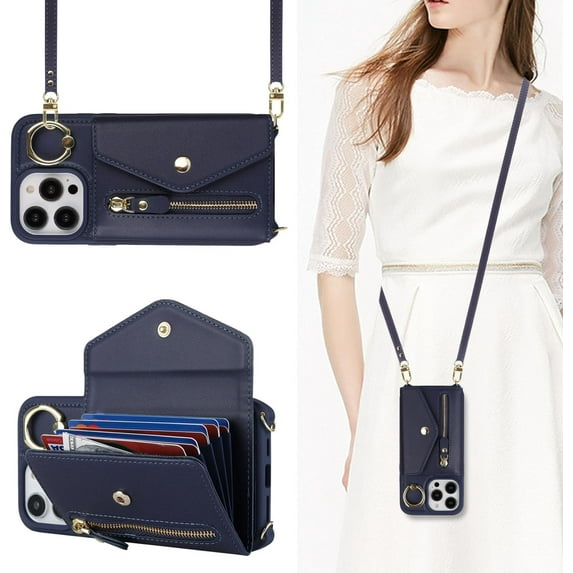 for iPhone 12 Pro Case Wallet with Strap for Women - Crossbody Lanyard, Zipper Pocket, Credit Card Holder, Ring Stand - RFID Blocking Phone Wallet Case for iPhone 12 Pro(6.1",Dark Blue)