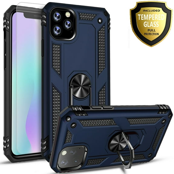 iPhone 12 Pro Case, With [Tempered Glass Screen Protector Included], STARSHOP Drop Protection Ring Kickstand Cover- Ink Blue