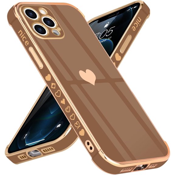 for iPhone 12 Pro Case for Women Girls 6.1 Inch, Cute Gold Heart Pattern Slim Soft TPU Silicone [Shockproof Bumper] Protective [Scratch Resistant] Girly Phone Case for iPhone 12 Pro-Brown