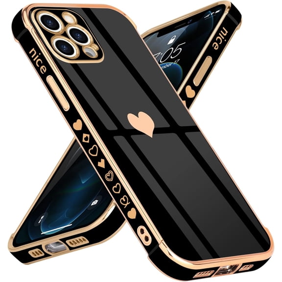 for iPhone 12 Pro Case for Women Girls 6.1 Inch, Cute Gold Heart Pattern Slim Soft TPU Silicone [Shockproof Bumper] Protective [Scratch Resistant] Girly Phone Case for iPhone 12 Pro-Black