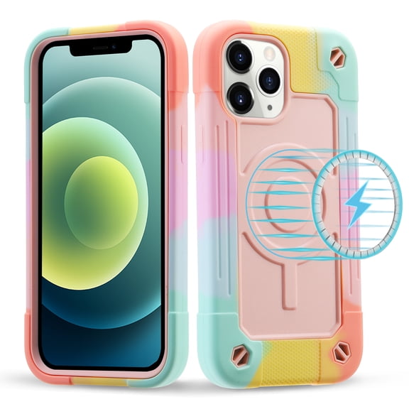 iPhone 12 Pro Case, iPhone 12 Case, [Compatible with MagSafe] Heavy Duty Drop Rugged Shockproof Durable Frame Protective Anti-Scratch Bumper Case for Apple iPhone 12 /12 Pro 6.1 Inch 2020,Pink Rainbow