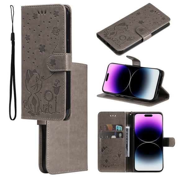 For iPhone 12 Pro Case, iPhone 12 Case, Mantto PU Leather Cover with Cat Patterned Embossed Cute Painted Flip Wallet Card Kickstand Hand Strap Magnetic Closure Case For iPhone 12/12 Pro, Gray
