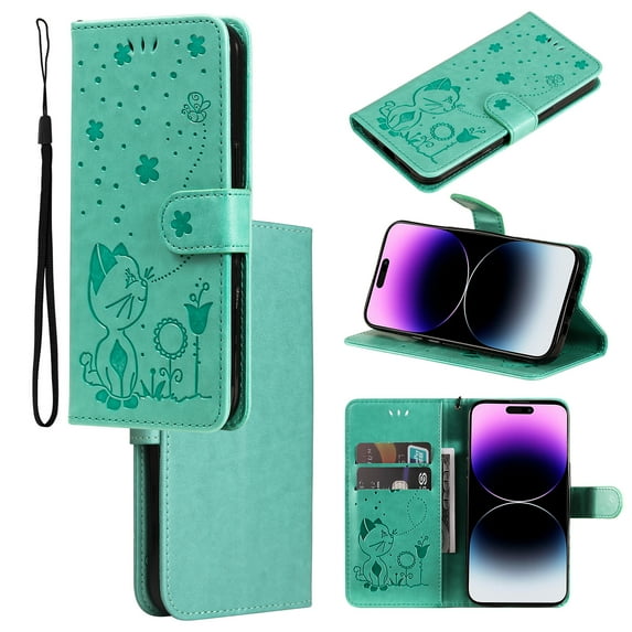 For iPhone 12 Pro Case, iPhone 12 Case, Mantto PU Leather Cover with Cat Patterned Embossed Cute Painted Flip Wallet Card Kickstand Hand Strap Magnetic Closure Case For iPhone 12/12 Pro, Green