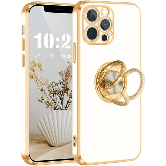 iPhone 12 Pro Case,iPhone 12 Pro Phone Case with Stand Ring Holder,360° Rotatable Magnetic Kickstand Shiny Plating Gold Edge Slim Soft TPU Shockproof Protective Cover Case for Women Men,White
