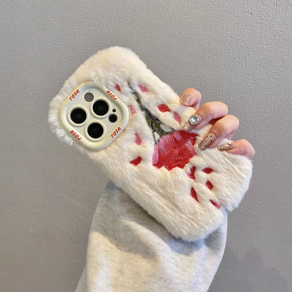 for iPhone 12 Pro Fluffy Phone Case, Fluffy Fuzzy Furry Warm Plush Rose Petal Embroidery Fluffy Furry Winter Fur Shockproof Phone Case,WIth Kickstand, Compatible with iPhone 12 Pro,White