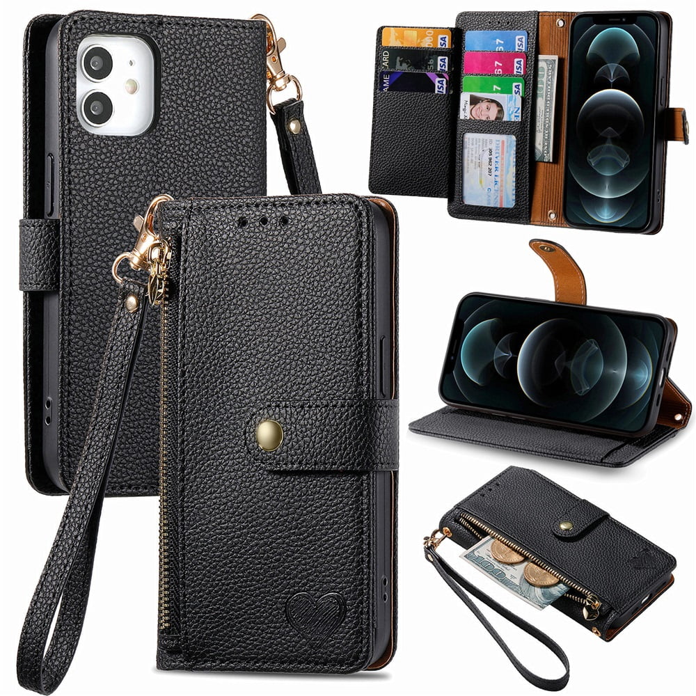 For iPhone 12 Pro Leather Phone Case Wallet Zipper Pocket Pouch Folio Flip Cover Kickstand, Multi Anti-theft Card Holder Cash Slot, Double Magnetic Buckle, Wrist Lanyard,Black,For iPhone 12 Pro