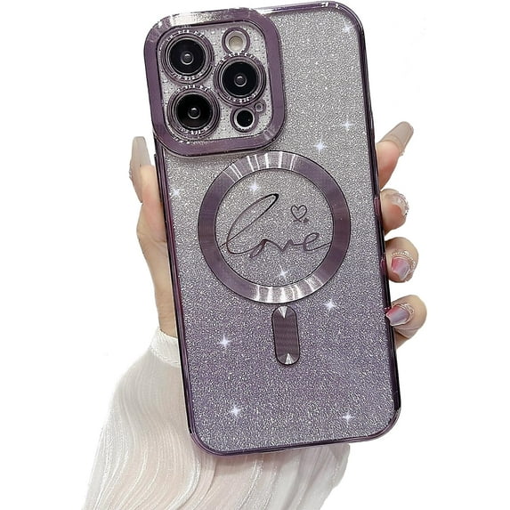 for iPhone 12 Pro Magnetic Case Compatible with MagSafe, Luxury Love Heart Pattern Plating Clear Phone Case Camera Protection Glitter for Women Girls Shockproof Slim Back Bumper 6.1"-Purple