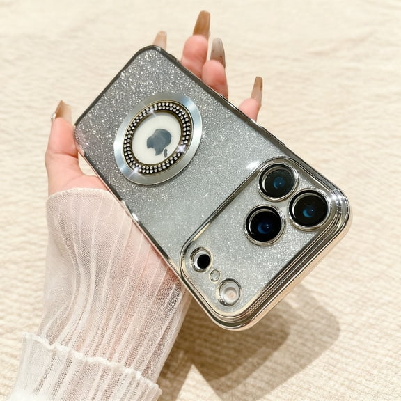 for iPhone 12 Pro Magnetic Glitter Case, Compatible with Mag-Safe, Camera Lens Protector, Plating Edge Gradient Shining Paper Clear Protection Dust-Proof Net Cover for iPhone 12 Pro, Silver