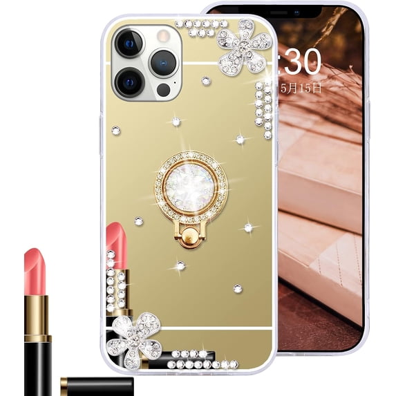 for iPhone 12 Pro Makeup Mirror Case for Women Girls Luxury Bling Glitter Rhinestone Cover with Shiny Crystal Diamond Ring Stand Holder Finger Grip Cute Girly Cases for iPhone 12 Pro Gold