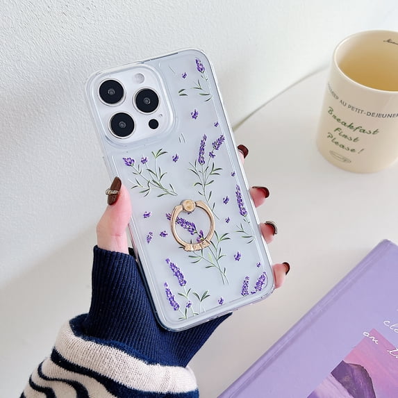 for iPhone 12 Pro Max with 360° Rotating Ring Kickstand, Luxury Floral Clear Pattern Soft & Flexible TPU Protective Shockproof Cover Women Girls Phone Case for iPhone 12 Pro Max, Flower #5