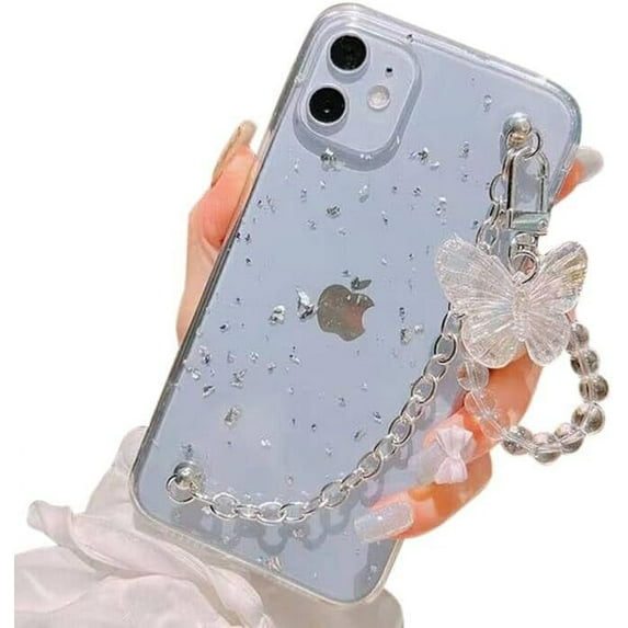 for iPhone 12 Pro Max 6.7" Case Gold Foil TPU,with Metal Bracelet Chain Butterfly Hand Strap,Clear Girly Glitter Leaf Bling Shockproof Case for iPhone 12 Pro Max 6.7"(Silver)