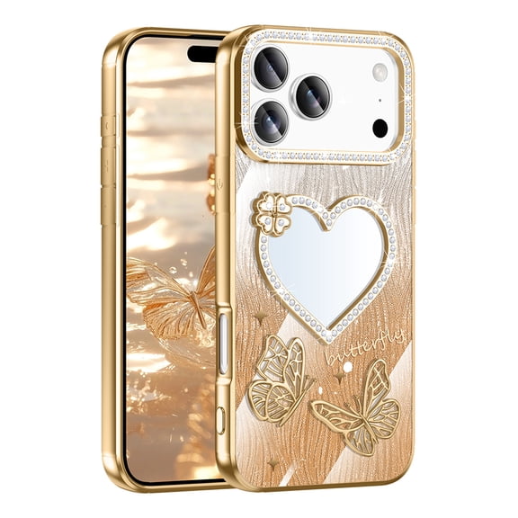 for iPhone 12 Pro Max Back Case, Luxury Diamond Plating Glitter Butterfly Floral Ultra Slim Shock-Absorbent Flexible Lightweight Non-Slip Heart Makeup Mirror Protective Women Girls Cover, Gold