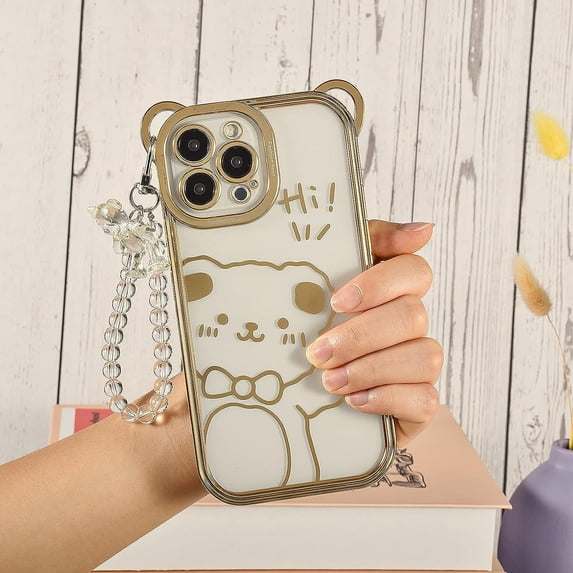 iPhone 12 Pro Max Bear Case, Clear Cute Sparkle Transparent Soft TPU Stylish Plating Pattern Luxury Case Cover with Lovely Strap Bracelet Chain Women Girls Case for iPhone 12 Pro Max-Gold
