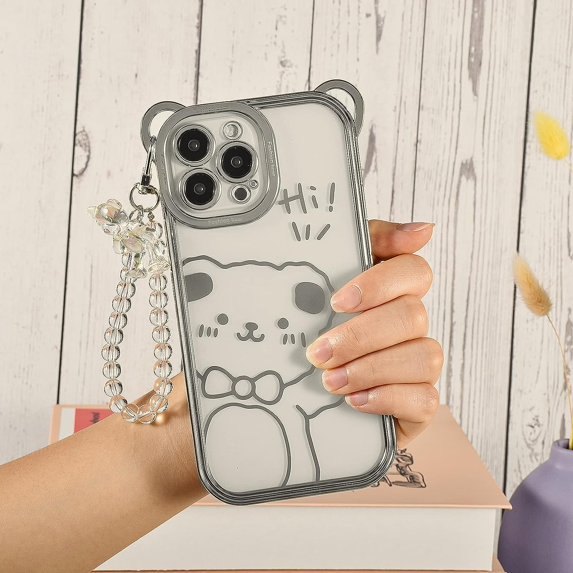 iPhone 12 Pro Max Bear Case, Clear Cute Sparkle Transparent Soft TPU Stylish Plating Pattern Luxury Case Cover with Lovely Strap Bracelet Chain Women Girls Case for iPhone 12 Pro Max-Sliver