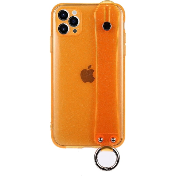 for iPhone 12 Pro Max Bling Girly Case, Glitter Candy Color Crystal Clear Cover with Adjustable Hand Finger Strap Kickstand Soft TPU Protective Translucent Phone Case for Women Orange