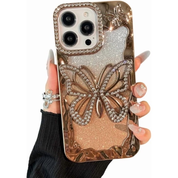 for iPhone 12 Pro Max Bling Glitter Butterfly Case,Cute Sparkle Diamond Slim Plating Crystal Rhinestone Phone Cover for Women Girls Protective Camera Protection Bumper,Gold