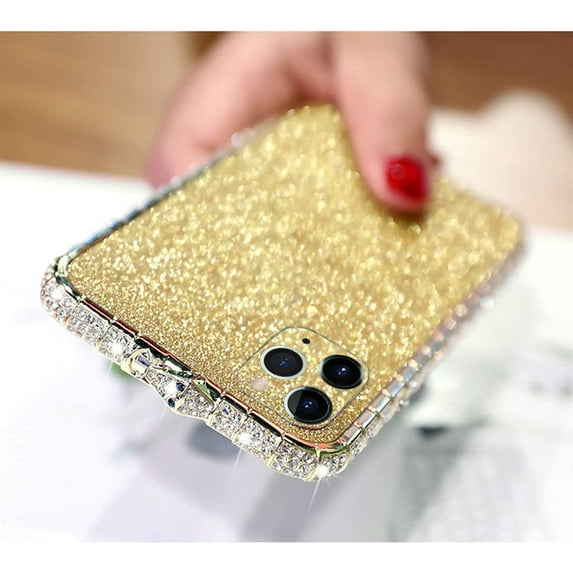 for iPhone 12 Pro Max Bling Glitter Diamond Case for Women Cute Rhinestone Crystal Sticker Skin Plating Metal Bumper Frame Edge Protective Shiny Sparkle Fashion Luxury Cover 6.7 inch Gold