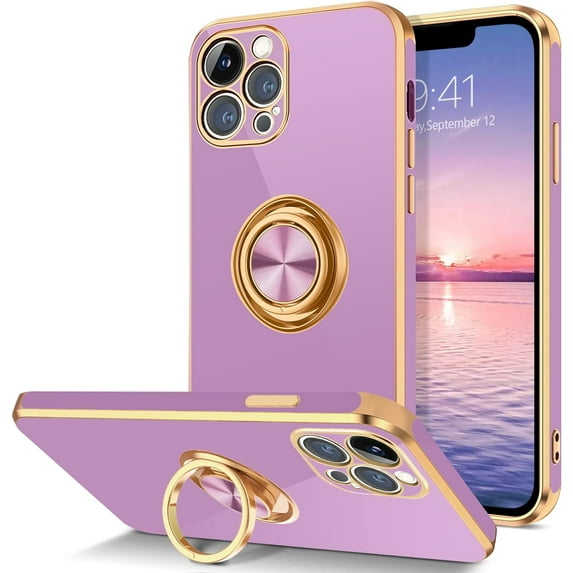 iPhone 12 Pro Max Case, 12 Pro Max Case, Slim Fit Soft 360° Ring Holder Kickstand Magnetic Car Mount Supported Shockproof Protective Phone Cover for iPhone 12 Pro Max 6.7 Inch, Purple/Golden