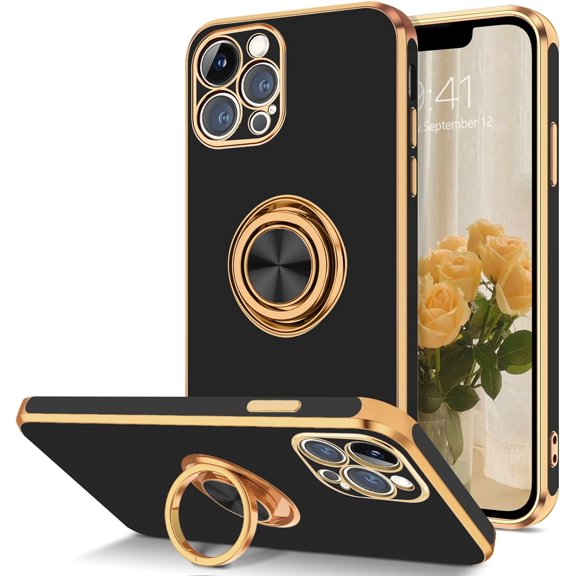 iPhone 12 Pro Max Case, 12 Pro Max Case, Slim Fit Soft 360° Ring Holder Kickstand Magnetic Car Mount Supported Shockproof Protective Phone Cover for iPhone 12 Pro Max 6.7 Inch, Black/Golden