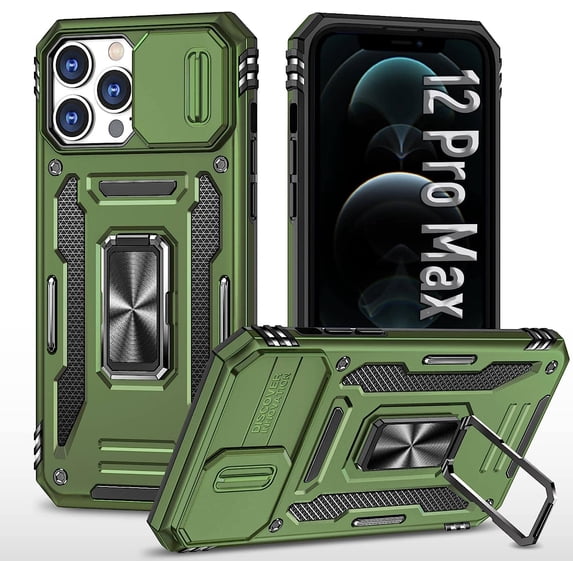 for iPhone 12 Pro Max Case for 12 Pro Max Case,with Slide Camera Cover & Built-in 360° Rotate Ring Kickstand Magnetic Shockproof Cover Case-Military Green