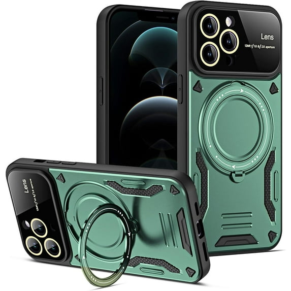 for iPhone 12 Pro Max Case with 360° Rotatable Invisible Ring Stand, Large Window Design Compatible with Magsafe, -Grade Protection Shockproof Phone Cover for Women Men, Green