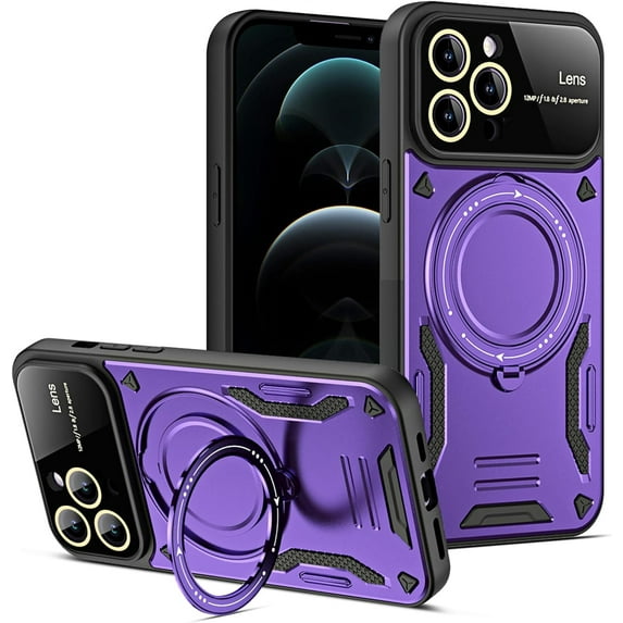for iPhone 12 Pro Max Case with 360° Rotatable Invisible Ring Stand, Large Window Design Compatible with Magsafe, -Grade Protection Shockproof Phone Cover for Women Men, Purple