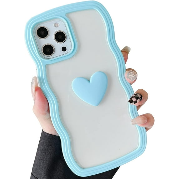 for iPhone 12 Pro Max Case(6.7" 2020), Cute Clear 3D Love Heart Wavy Frame Full Protection for iPhone 12 Pro Max 6.7" Soft TPU Shockproof Phone Cover for Women Girls,Lightblue