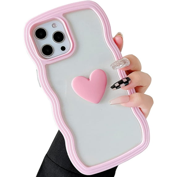 iPhone 12 Pro Max Case (6.7" 2020) - Cute Clear 3D Love Heart, Wavy Frame, Soft TPU, Shockproof, Pink for Women & Girls
