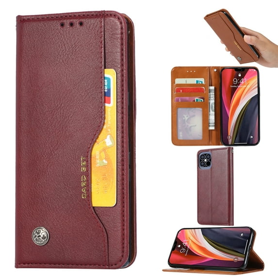iPhone 12 Pro Max Case 6.7", Allytech Premium PU Leather Kickstand Feature Cards Pockets Full Protective Defender Book Style Wallet Case Cover for Apple iPhone 12 Pro Max 6.7", Winered