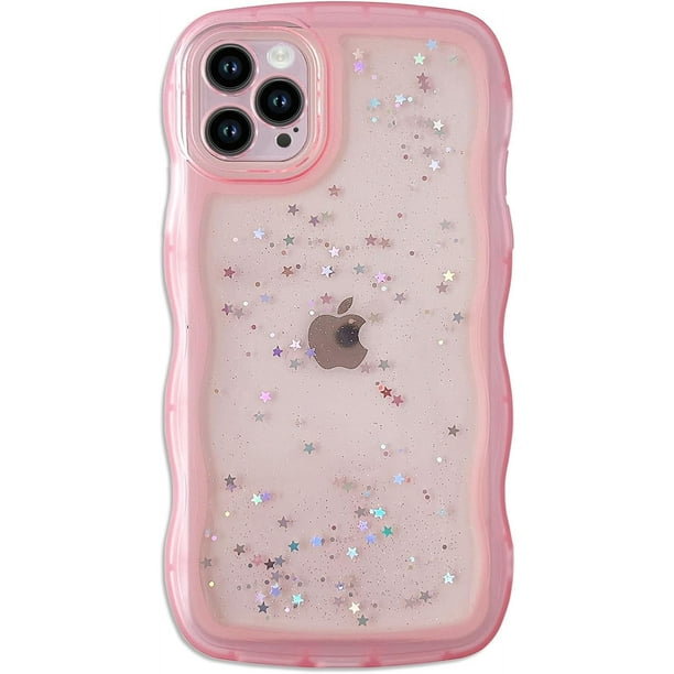 for iPhone 12 Pro Max Case 6.7" Curly Wave Design Edge Transparent Bling Glitter Star Shiny Case Cute Clear Transparent Full Protection Soft TPU Shockproof Phone Cover for Women Girls,Pink