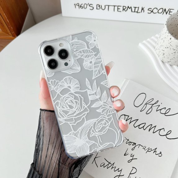 for iPhone 12 Pro Max Case 6.7 Inch Cute Phone Case Floral Rose Aesthetic Flower Clear Case for Women Girls Slim Pattern Anti-Yellow Shockproof Protective TPU Bumper Case, White