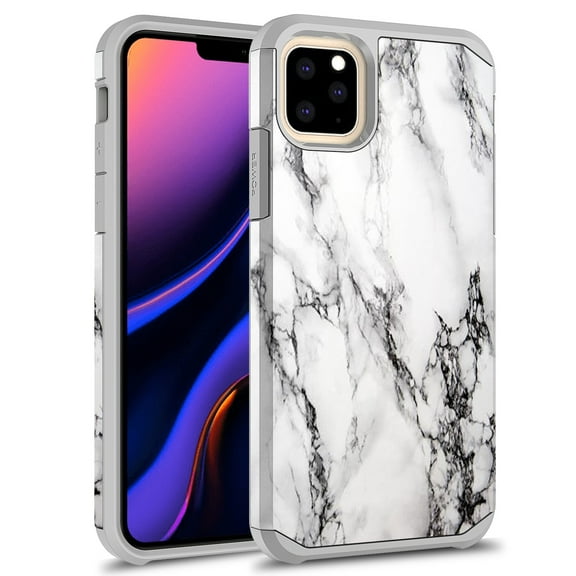 Rosebono Slim Hybrid Dual Layer Shockproof Cell Phone Case for iPhone 12 Pro Max, White Marble