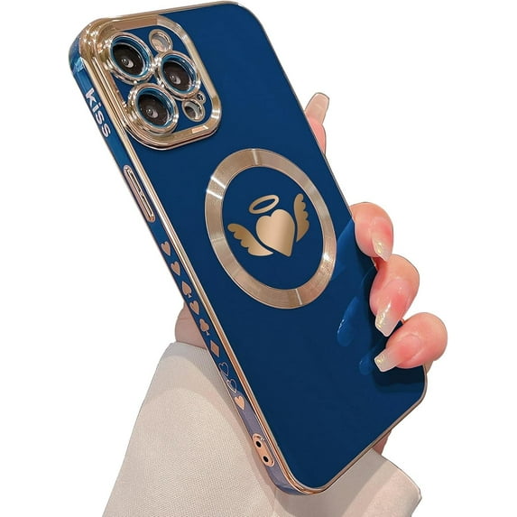 for iPhone 12 Pro Max Case(6.7 inch),Luxury Plating Cute Heart Wing Full Camera Lens Protection Magnetic Case for iPhone 12 Pro Max for Women Girls(Blue)