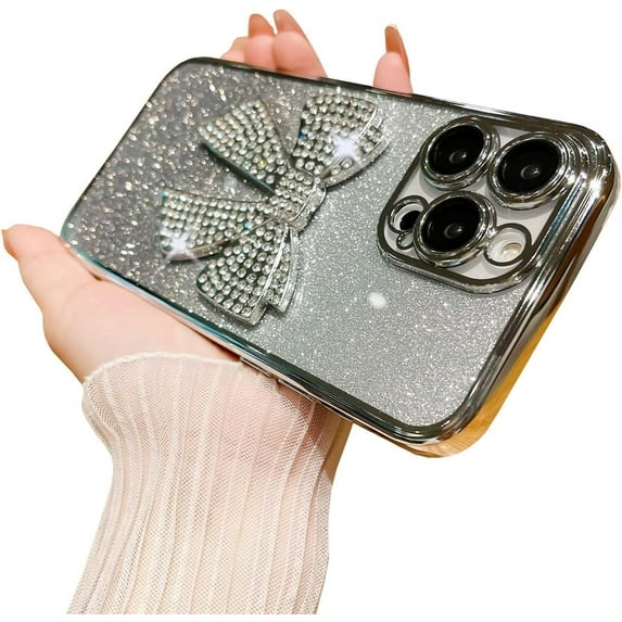 for iPhone 12 Pro Max Case Bow Glitter Rhinestone Bling Plating Luxury Women Girl Phone Case,Shine Diamond Case for iPhone 12 Pro Max Protective Cover,Clear Gradient Silver