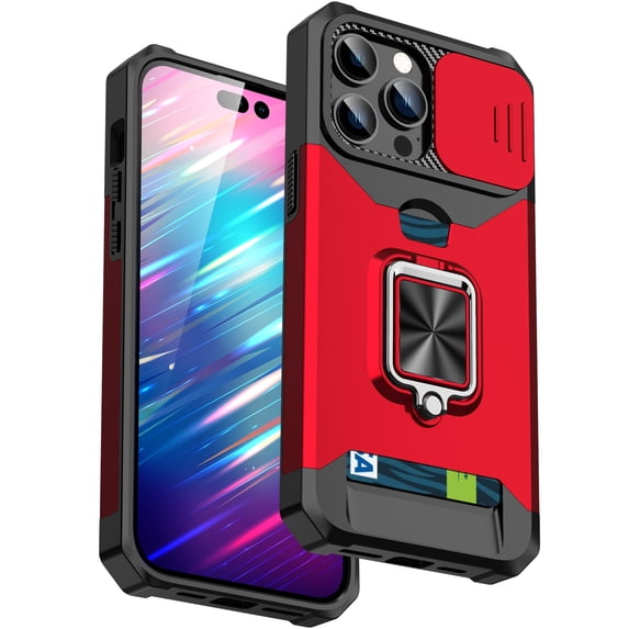 For iPhone 12 Pro Max Case with Card Holder & 360° Magnetic Ring Stand Heavy Duty Camera Lens Slide Dual Layer Shockproof Hidden Card Slot Slim Wallet Phone Case Cover for Women Men,Red