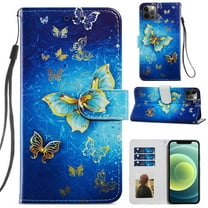 iPhone 12 Pro Max Case with Card Holder & Hand Strap, Allytech PU Leather Soft TPU Back Shockproof Magnetic Button Kickstand Wallet Case for iPhone 12 Pro Max 6.7 inch 2020, Gold Butterfly