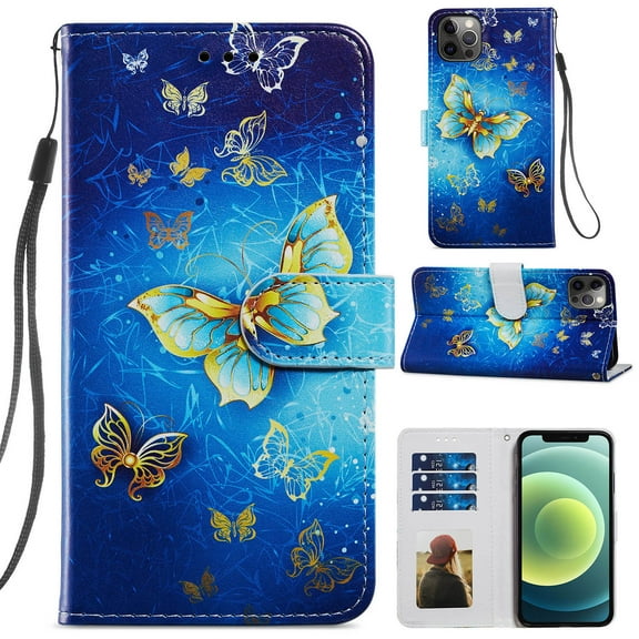 iPhone 12 Pro Max Case with Card Holder & Hand Strap, Allytech PU Leather Soft TPU Back Shockproof Magnetic Button Kickstand Wallet Case for iPhone 12 Pro Max 6.7 inch 2020, Gold Butterfly