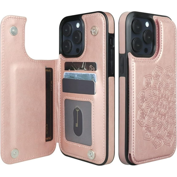 for iPhone 12 Pro Max Case with Card Holder Heavy Duty Protective Premium Leather RFID Blocking Shockproof Slim Credit Card Slot Wallet Case for iPhone 12 Pro Max for Women&Girls(Rose)