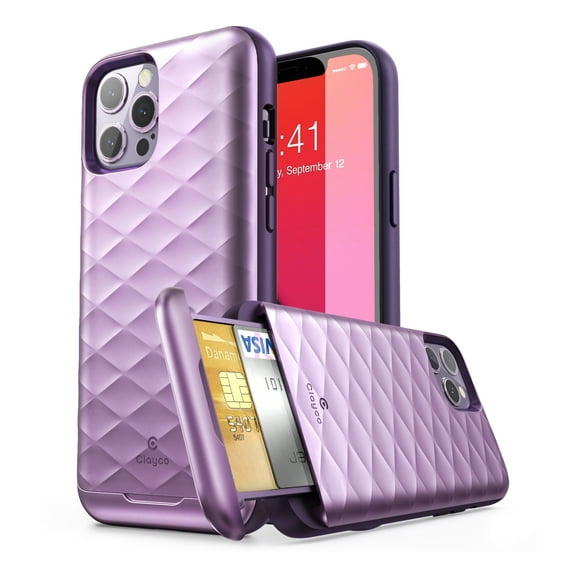 iPhone 12 Pro Max Case, Clayco [Argos Series] Slim Card Holder Protective Wallet Case for iPhone 12 Pro Max 6.7" with Built-in Sliding Credit Card/ID Card Slot - Purple