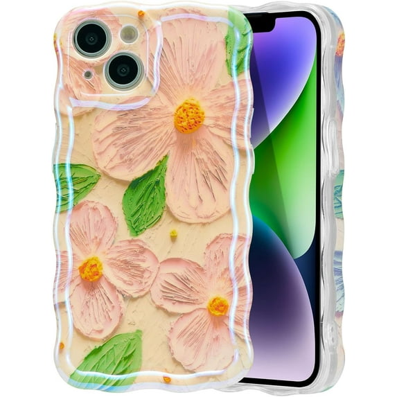 for iPhone 12 Pro Max Case, Colorful Retro Oil Painting Printed Flower Phone Case for Women Girls, TPU Cute Curly Wave Edge Exquisite Stylish Durable Protective Phone Cover, Pink