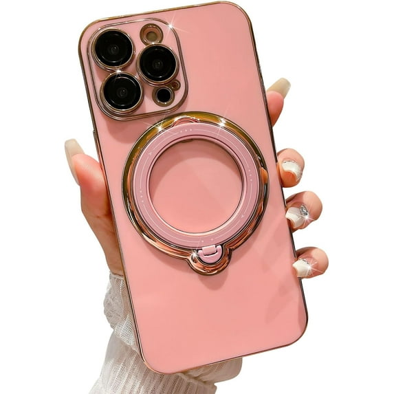 for iPhone 12 Pro Max Case, Compatible with MagSafe, Luxurly 360° Rotatable Magnetic Ring Stand Case, Phone Case for iPhone 12 Pro Max with Camera Lens Protector for Women Girls, Pink