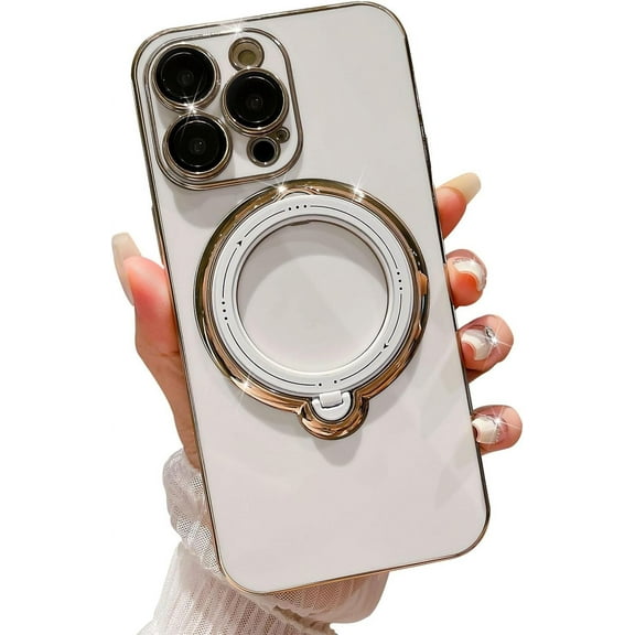 for iPhone 12 Pro Max Case, Compatible with MagSafe, Luxurly 360° Rotatable Magnetic Ring Stand Case, Phone Case for iPhone 12 Pro Max with Camera Lens Protector for Women Girls, White