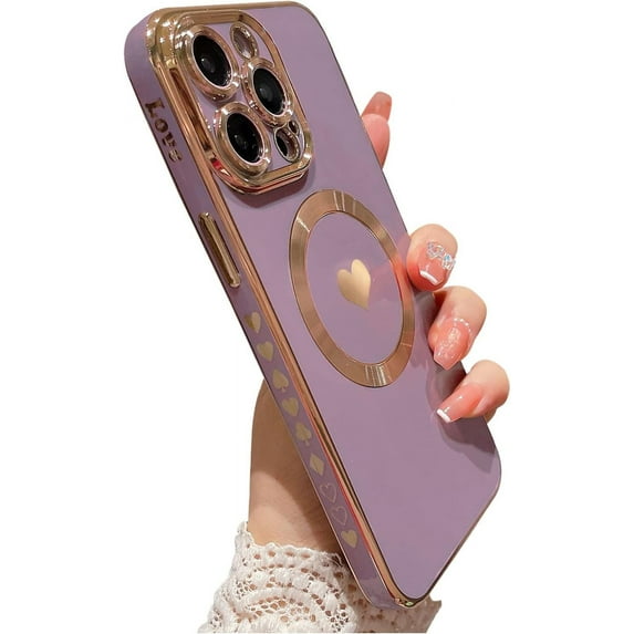 for iPhone 12 Pro Max Case Compatible with MagSafe, Luxury Love Heart Soft Phone Case, Full Camera Lens Protection Magnetic Case for iPhone 12 Pro Max for Women Girls (6.7") - Light Purple