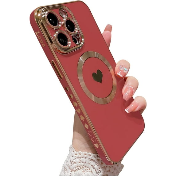 for iPhone 12 Pro Max Case Compatible with MagSafe, Luxury Love Heart Soft Phone Case, Full Camera Lens Protection Magnetic Case for iPhone 12 Pro Max for Women Girls (6.7") - Red
