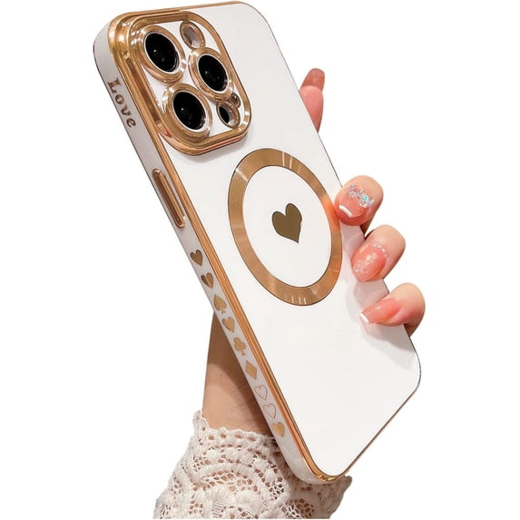 for iPhone 12 Pro Max Case Compatible with MagSafe, Luxury Love Heart Soft Phone Case, Full Camera Lens Protection Magnetic Case for iPhone 12 Pro Max for Women Girls (6.7") - White
